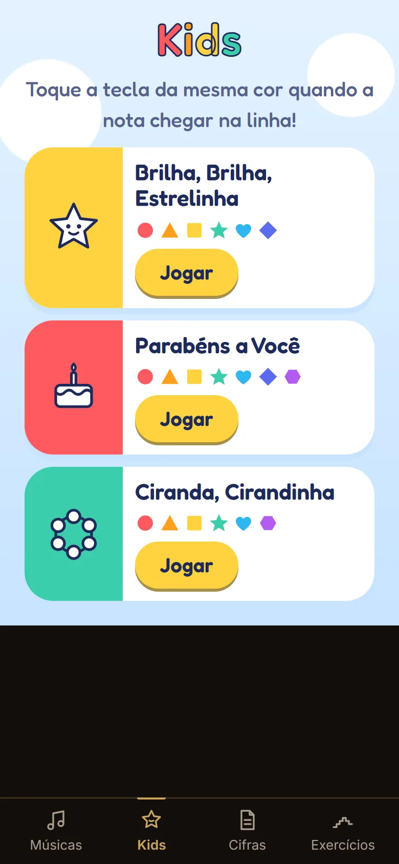 A tela do Kids no app: as músicas em cartões coloridos, cada uma com as formas das suas notas e o botão Jogar.