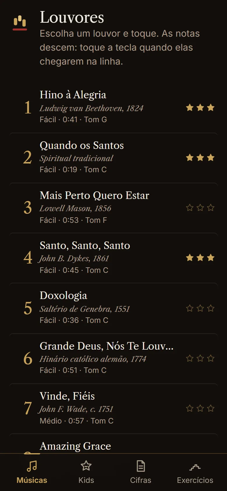 A tela de louvores do app: o índice numerado, com as estrelas de cada hino e as abas Músicas, Kids, Cifras e Exercícios.