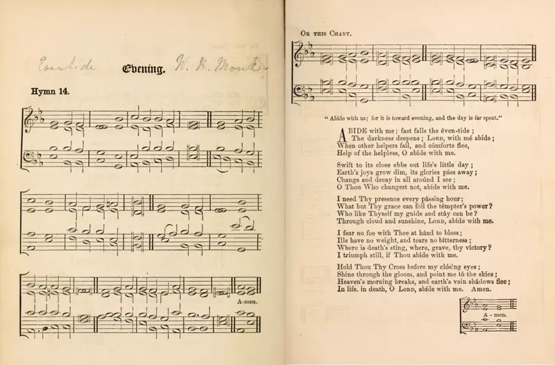 Um hinário de 1861 aberto em “Abide with me”: a partitura a quatro vozes da melodia Eventide, de W. H. Monk, e a letra na página ao lado.